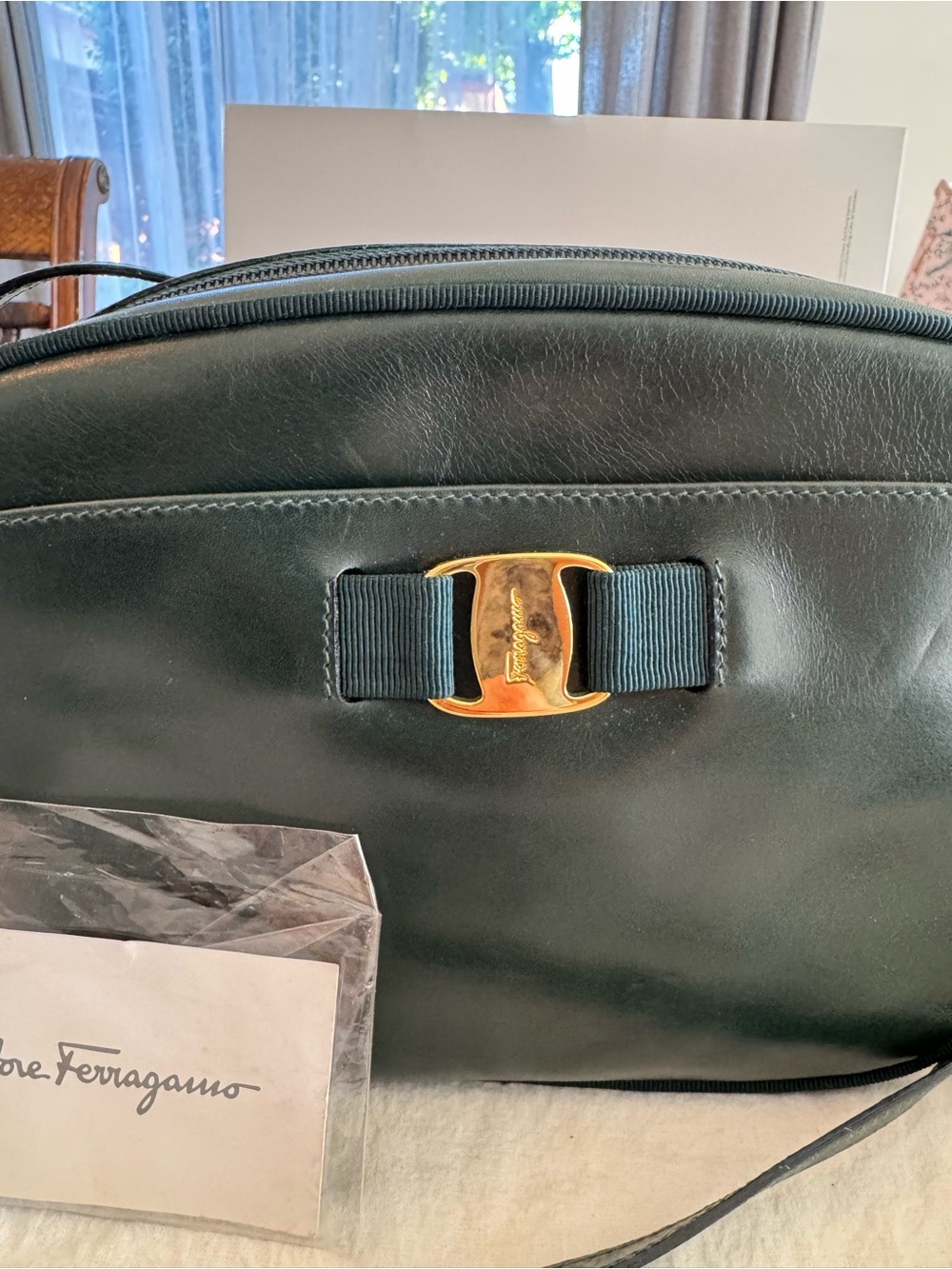 Salvatore Ferragamo Hunter Green Leather Crossbody with Gold Vara Clip
